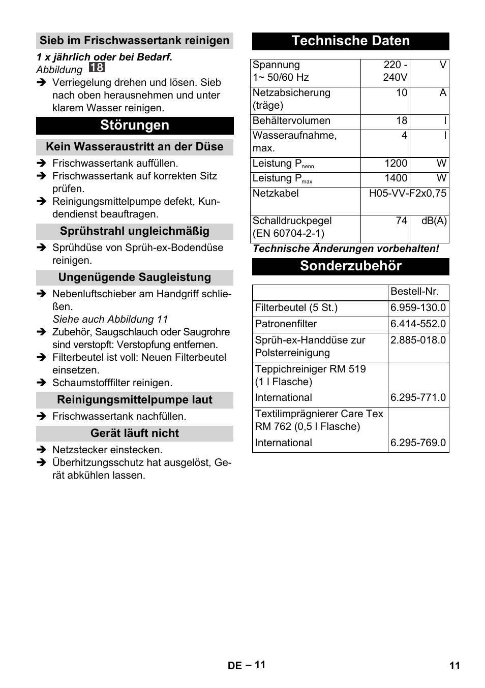 Störungen, Technische daten, Sonderzubehör | Karcher SE 4001 User Manual | Page 11 / 222