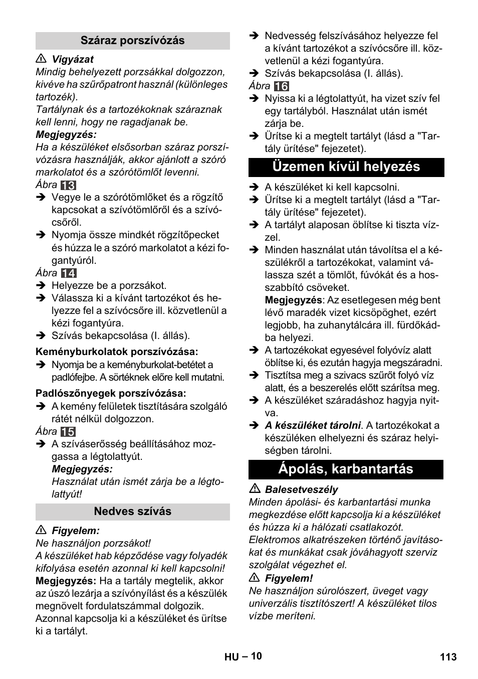 Üzemen kívül helyezés ápolás, karbantartás | Karcher SE 4001 User Manual | Page 113 / 222