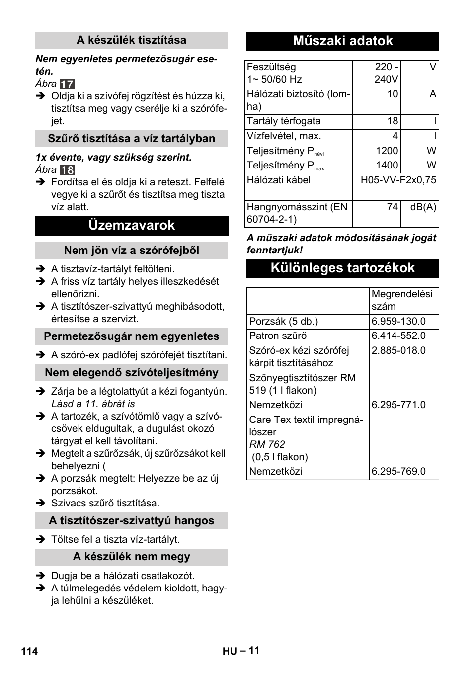 Üzemzavarok, Műszaki adatok, Különleges tartozékok | Karcher SE 4001 User Manual | Page 114 / 222