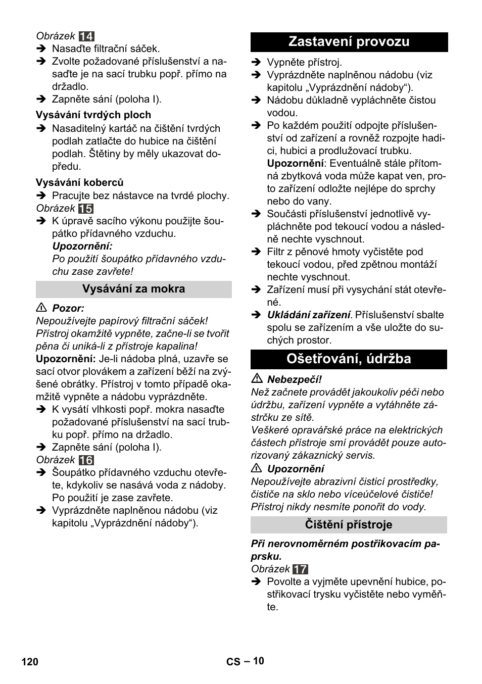 Zastavení provozu ošetřování, údržba | Karcher SE 4001 User Manual | Page 120 / 222