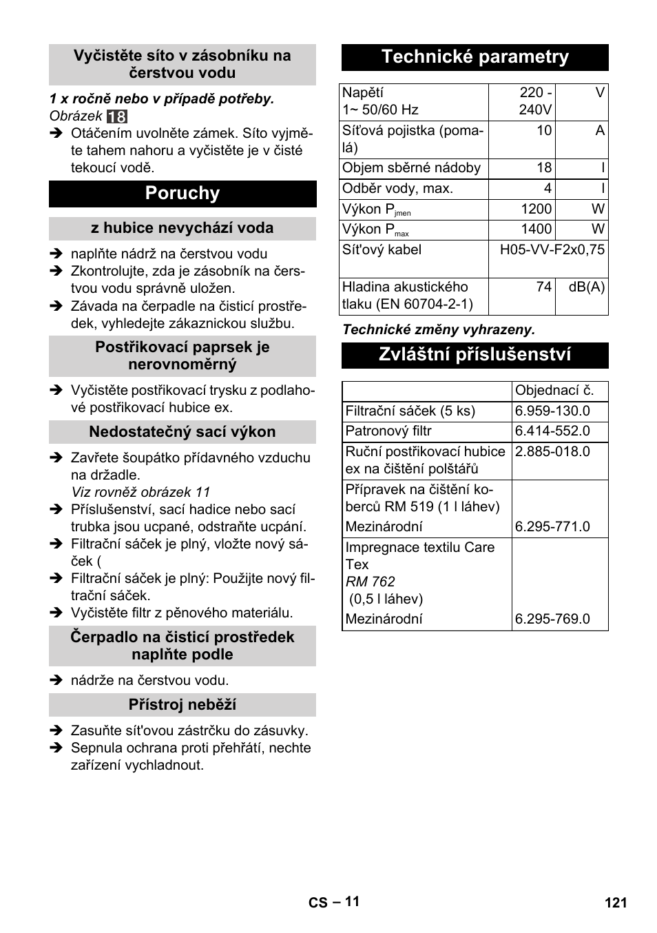 Poruchy, Technické parametry, Zvláštní příslušenství | Karcher SE 4001 User Manual | Page 121 / 222
