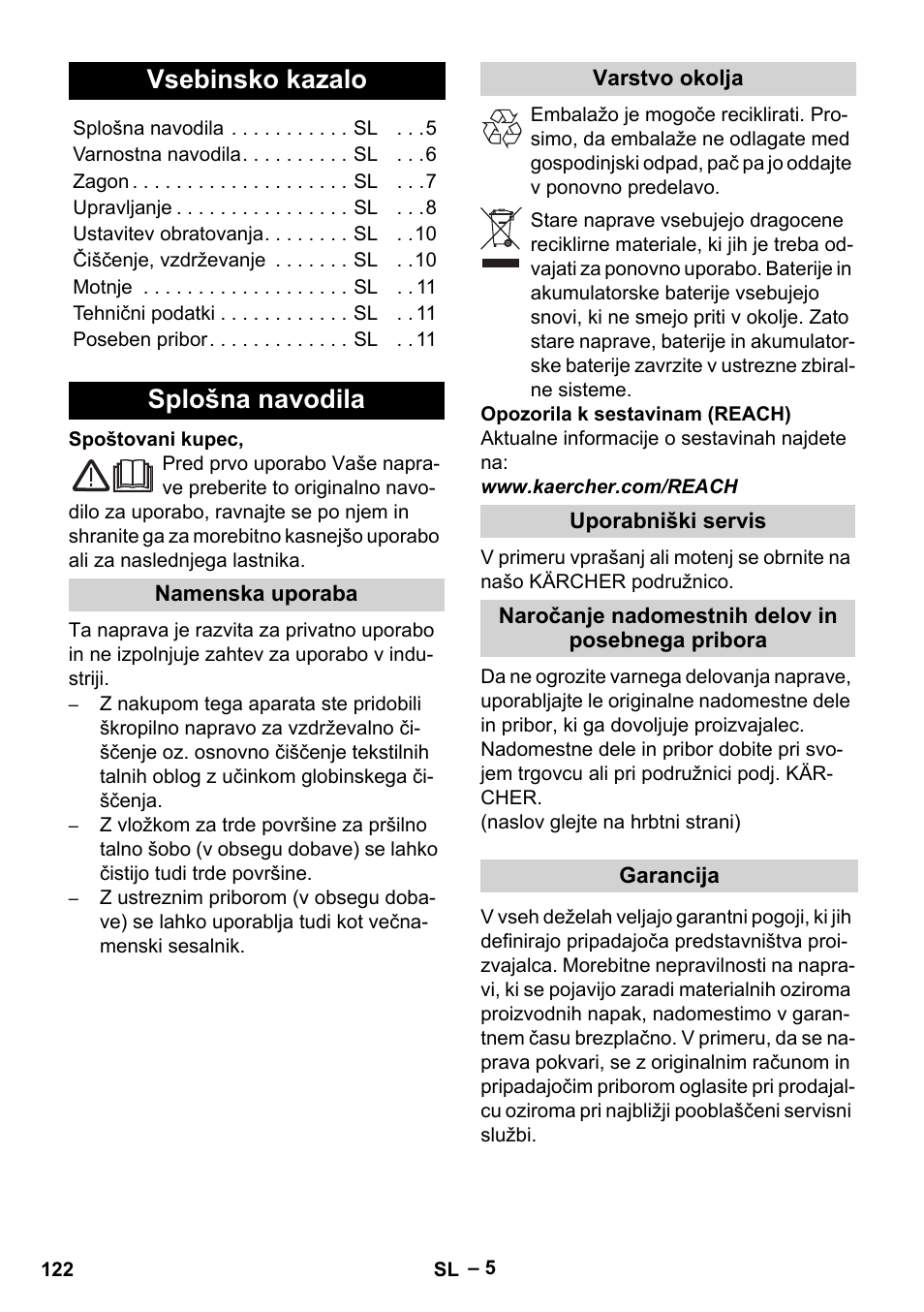 Slovenščina, Vsebinsko kazalo, Splošna navodila | Karcher SE 4001 User Manual | Page 122 / 222