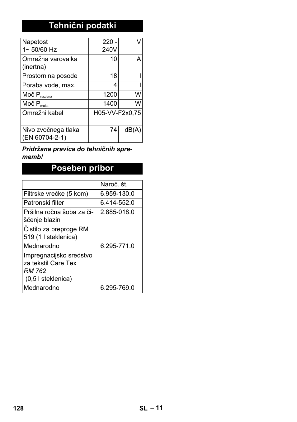 Tehnični podatki, Poseben pribor | Karcher SE 4001 User Manual | Page 128 / 222