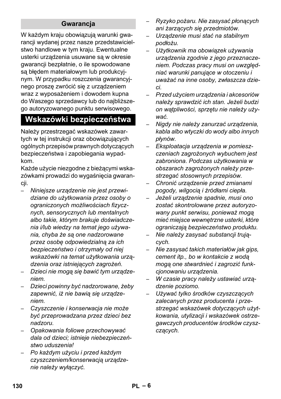 Wskazówki bezpieczeństwa | Karcher SE 4001 User Manual | Page 130 / 222