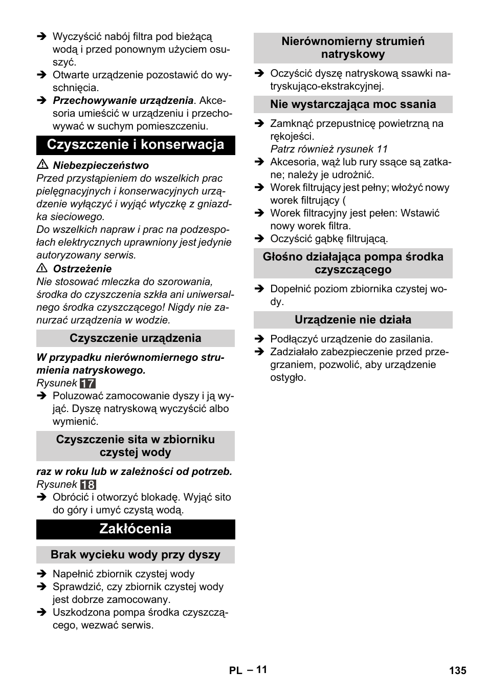 Czyszczenie i konserwacja, Zakłócenia | Karcher SE 4001 User Manual | Page 135 / 222