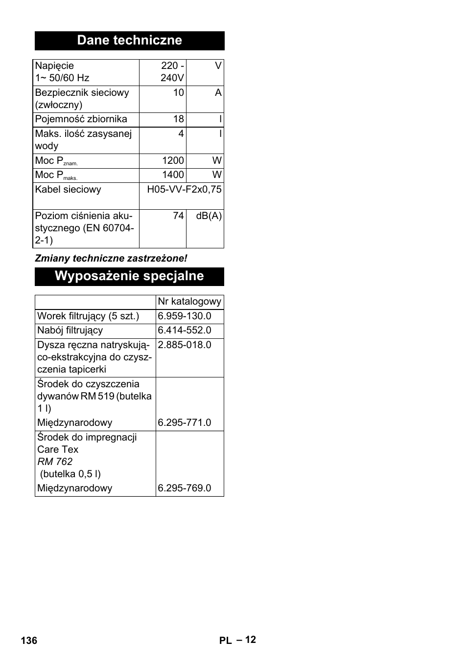 Dane techniczne, Wyposażenie specjalne | Karcher SE 4001 User Manual | Page 136 / 222