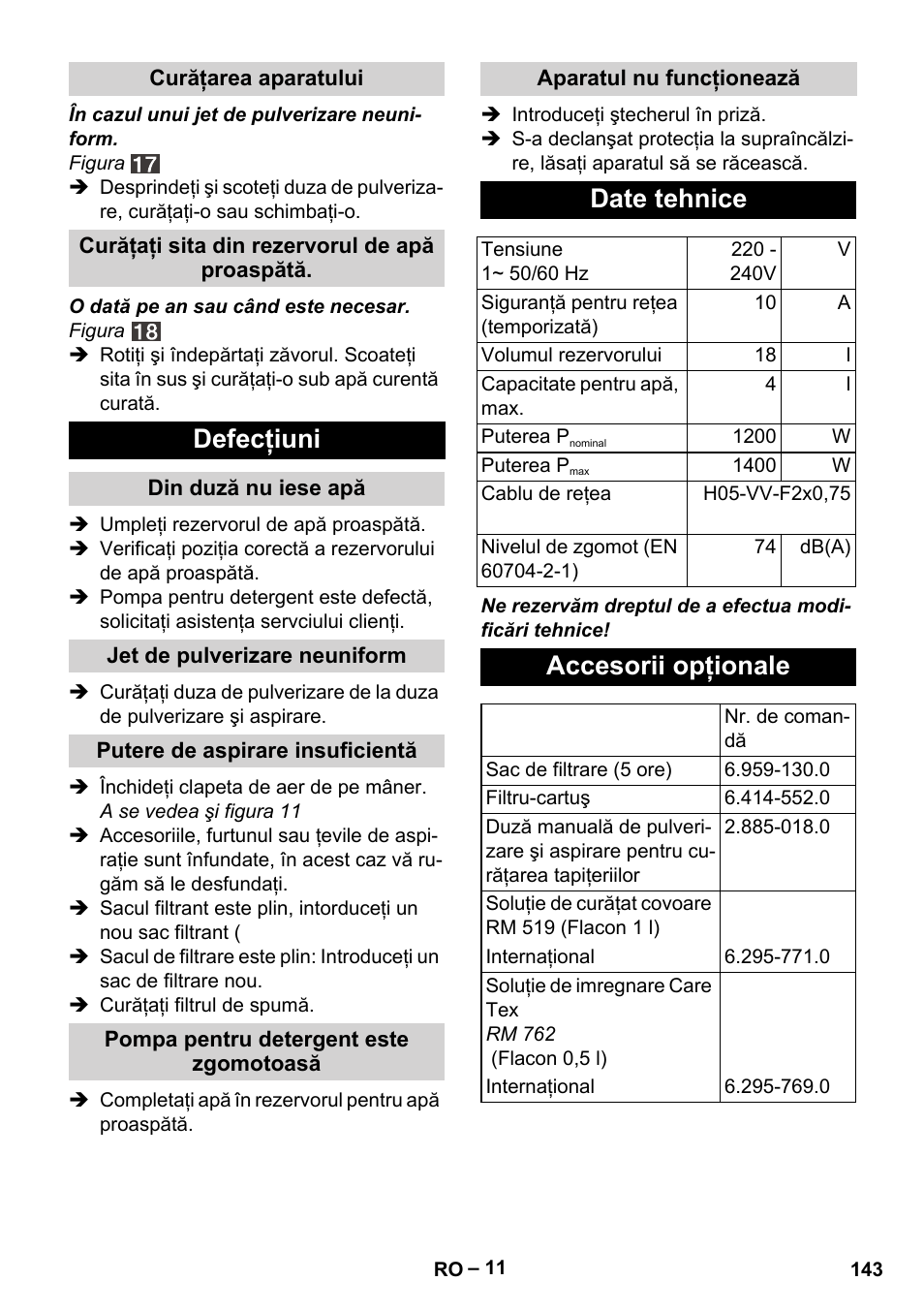 Defecţiuni, Date tehnice, Accesorii opţionale | Karcher SE 4001 User Manual | Page 143 / 222