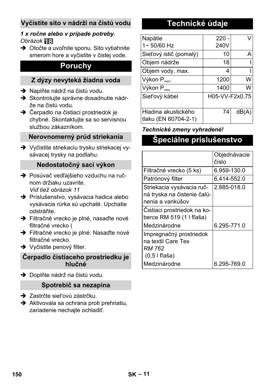 Poruchy, Technické údaje, Špeciálne príslušenstvo | Karcher SE 4001 User Manual | Page 150 / 222