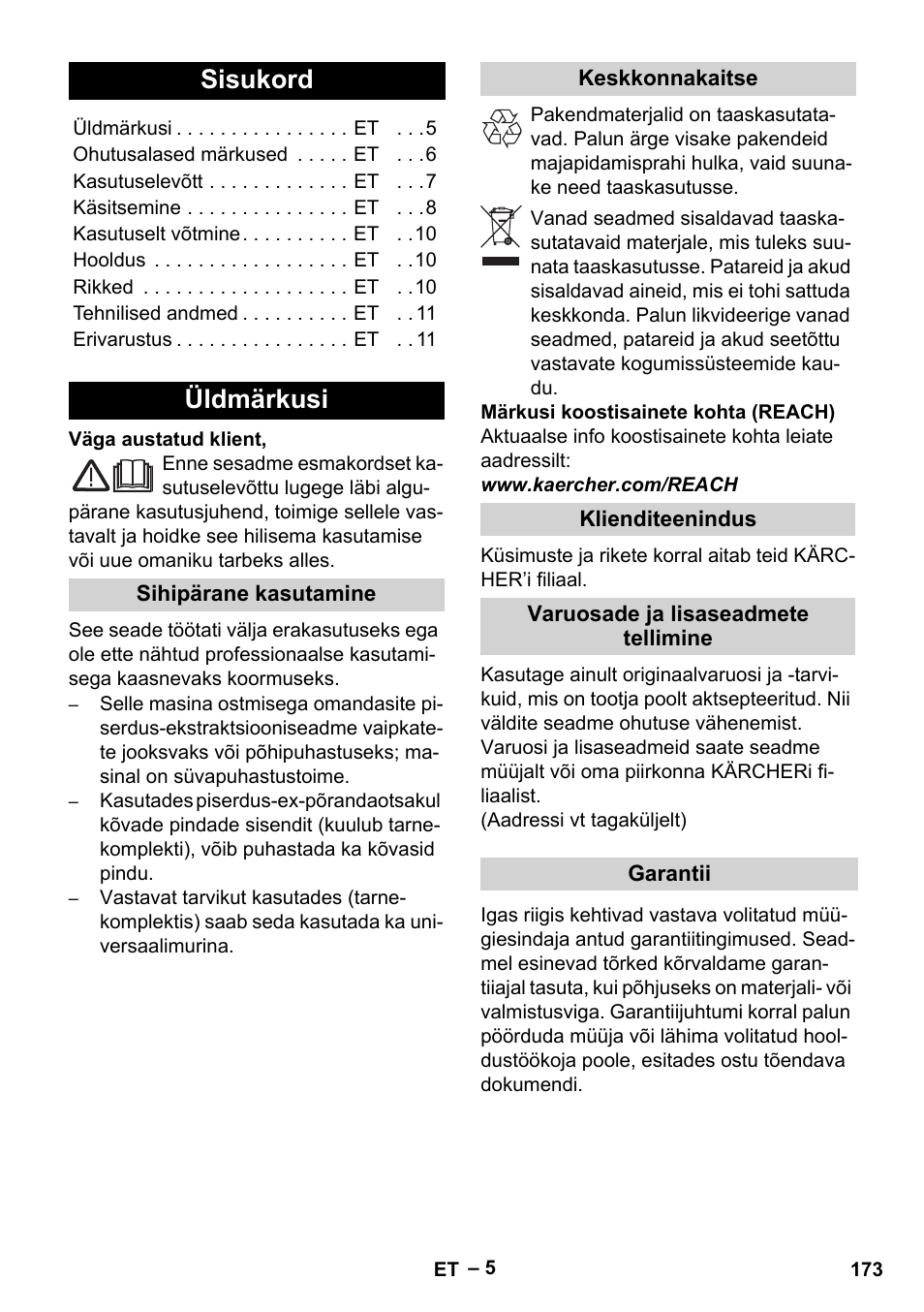 Eesti, Sisukord, Üldmärkusi | Karcher SE 4001 User Manual | Page 173 / 222