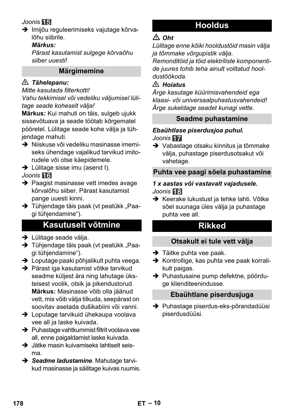 Kasutuselt võtmine hooldus, Rikked | Karcher SE 4001 User Manual | Page 178 / 222