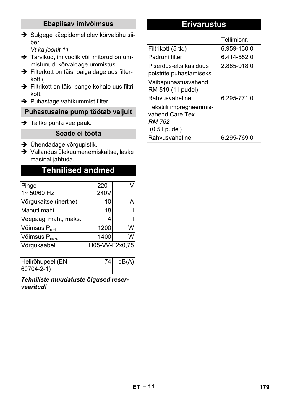 Tehnilised andmed, Erivarustus | Karcher SE 4001 User Manual | Page 179 / 222