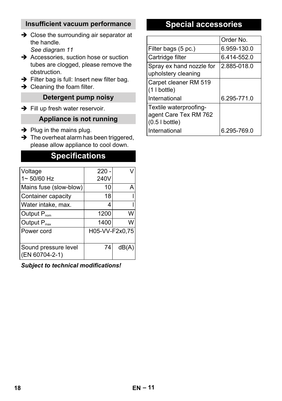 Specifications, Special accessories | Karcher SE 4001 User Manual | Page 18 / 222