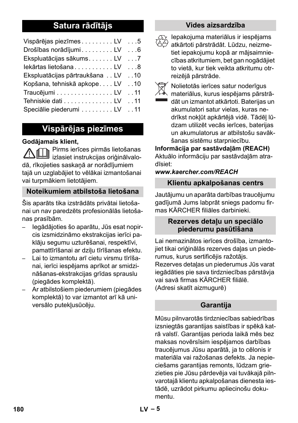 Latviešu, Satura rādītājs, Vispārējas piezīmes | Karcher SE 4001 User Manual | Page 180 / 222