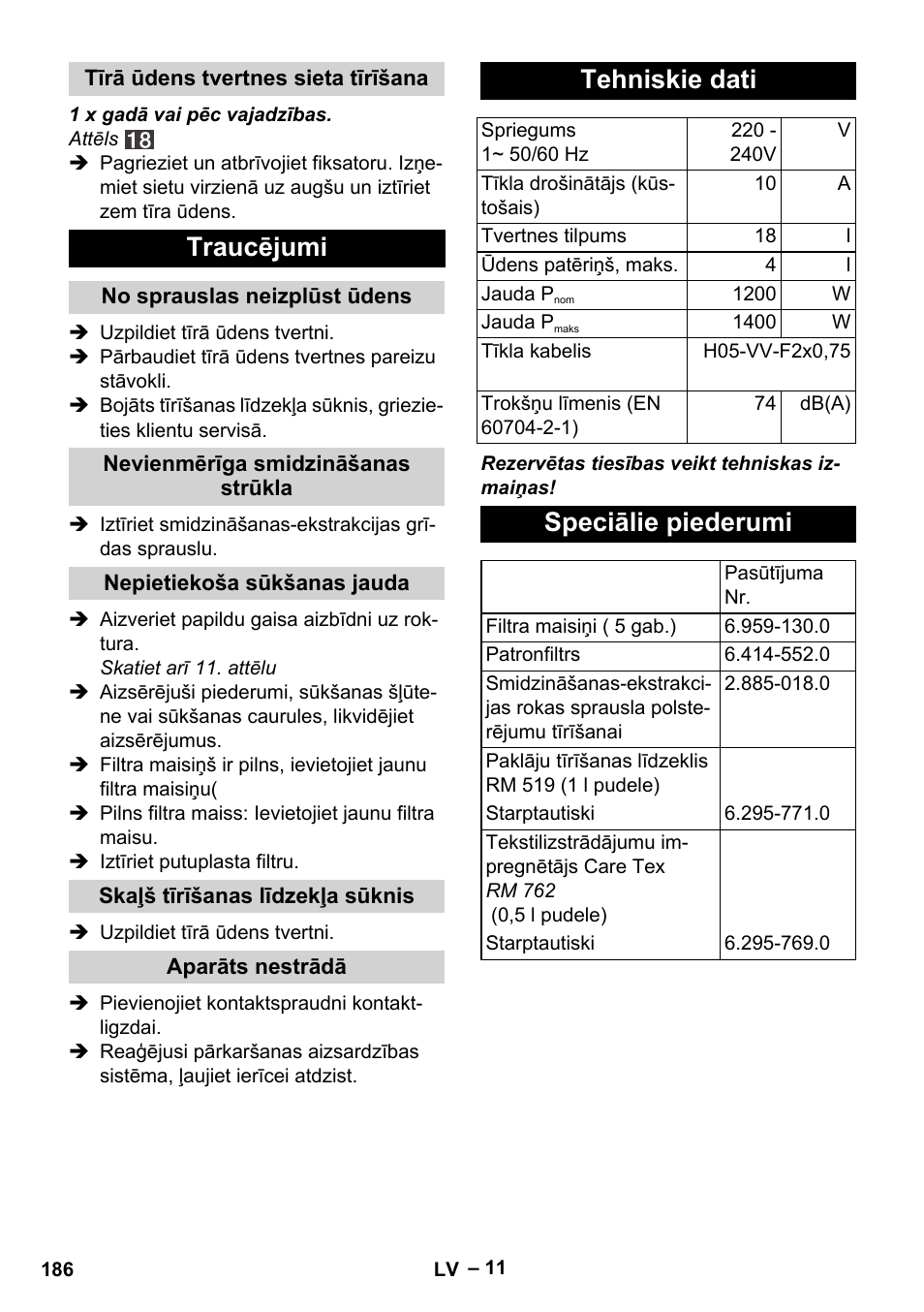 Traucējumi, Tehniskie dati, Speciālie piederumi | Karcher SE 4001 User Manual | Page 186 / 222