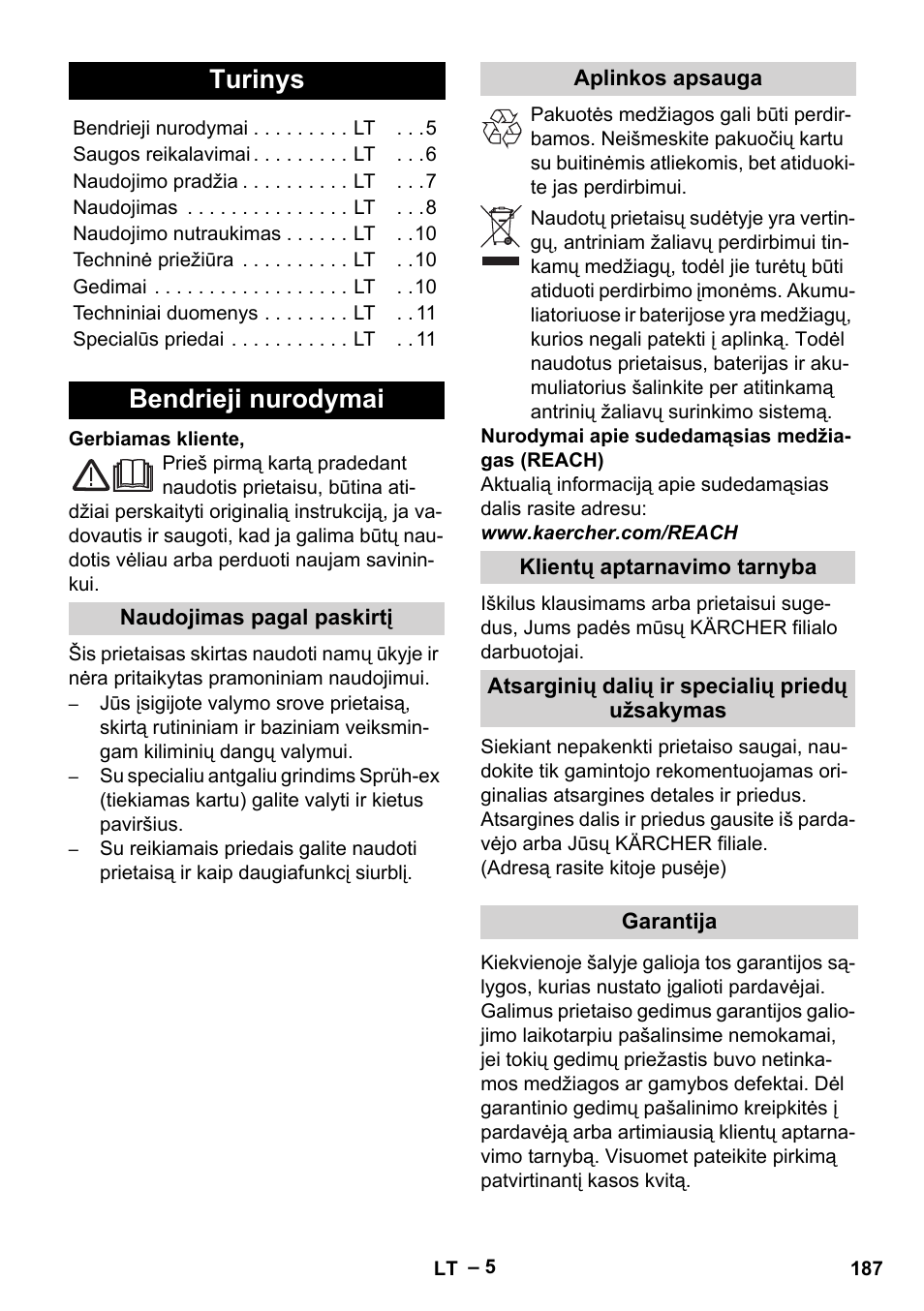 Lietuviškai, Turinys, Bendrieji nurodymai | Karcher SE 4001 User Manual | Page 187 / 222