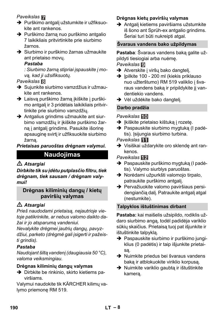 Naudojimas | Karcher SE 4001 User Manual | Page 190 / 222