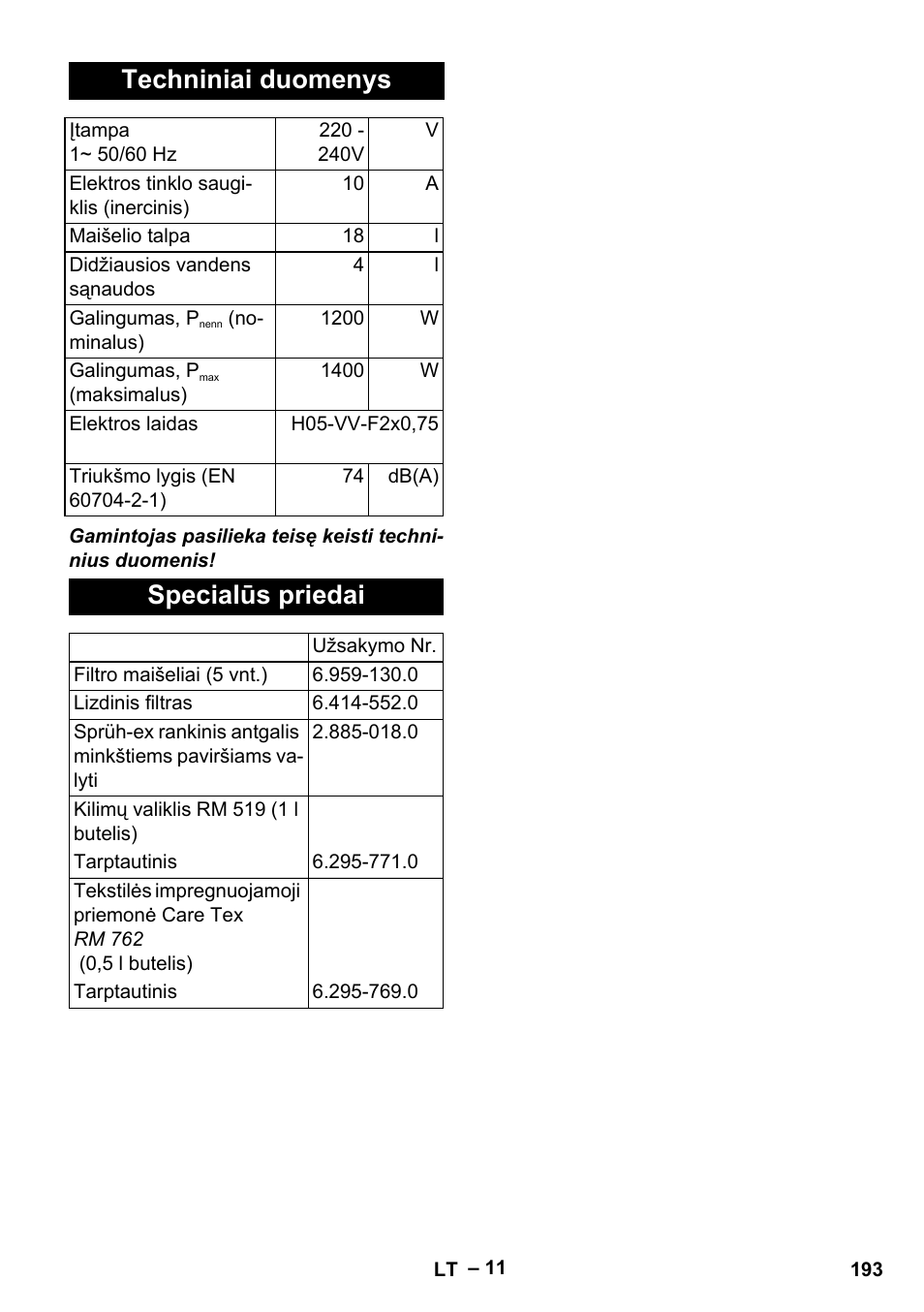 Techniniai duomenys, Specialūs priedai | Karcher SE 4001 User Manual | Page 193 / 222