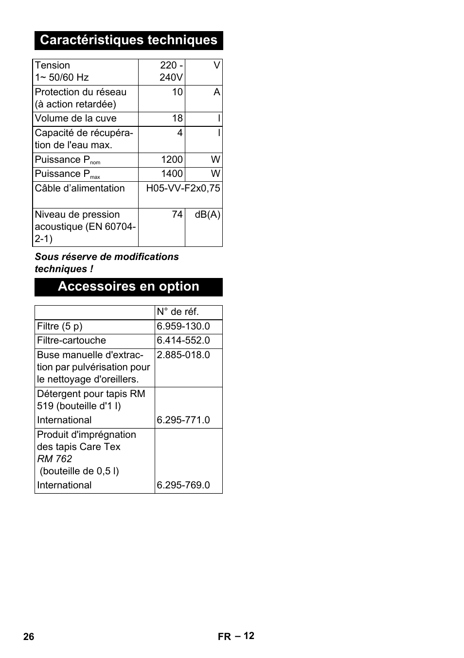 Caractéristiques techniques, Accessoires en option | Karcher SE 4001 User Manual | Page 26 / 222