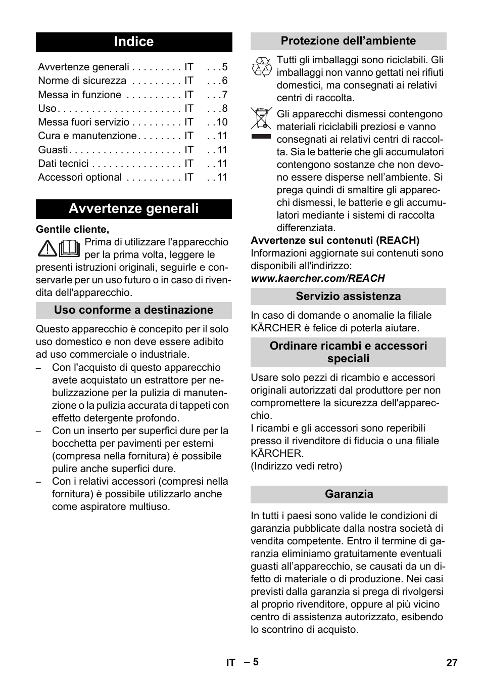 Italiano, Indice, Avvertenze generali | Karcher SE 4001 User Manual | Page 27 / 222