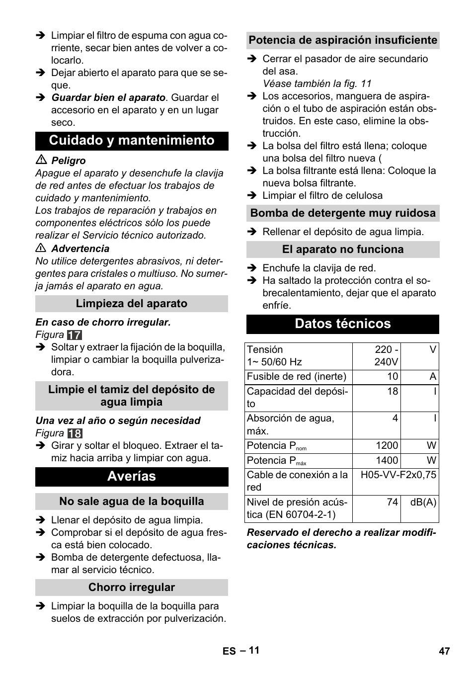 Cuidado y mantenimiento, Averías, Datos técnicos | Karcher SE 4001 User Manual | Page 47 / 222