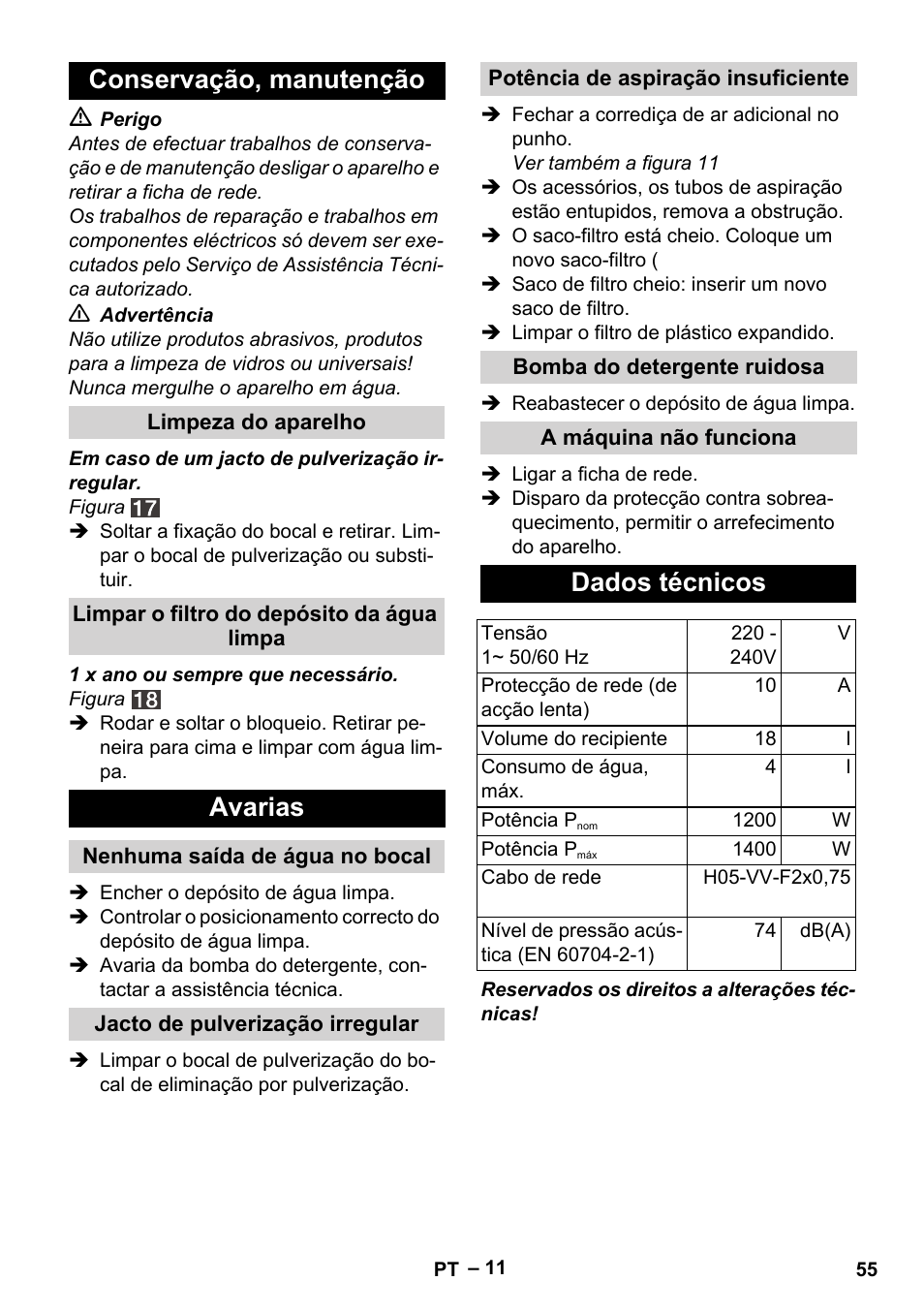 Conservação, manutenção, Avarias, Dados técnicos | Karcher SE 4001 User Manual | Page 55 / 222