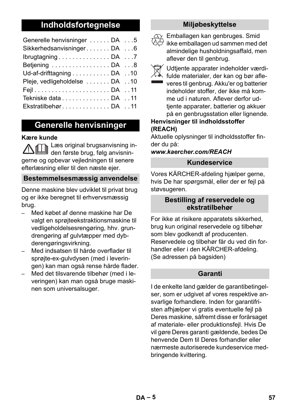 Dansk, Indholdsfortegnelse, Generelle henvisninger | Karcher SE 4001 User Manual | Page 57 / 222