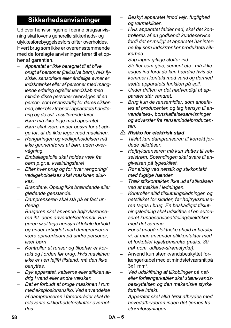 Sikkerhedsanvisninger | Karcher SE 4001 User Manual | Page 58 / 222