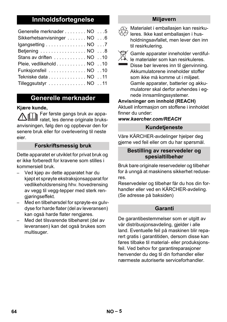 Norsk, Innholdsfortegnelse, Generelle merknader | Karcher SE 4001 User Manual | Page 64 / 222