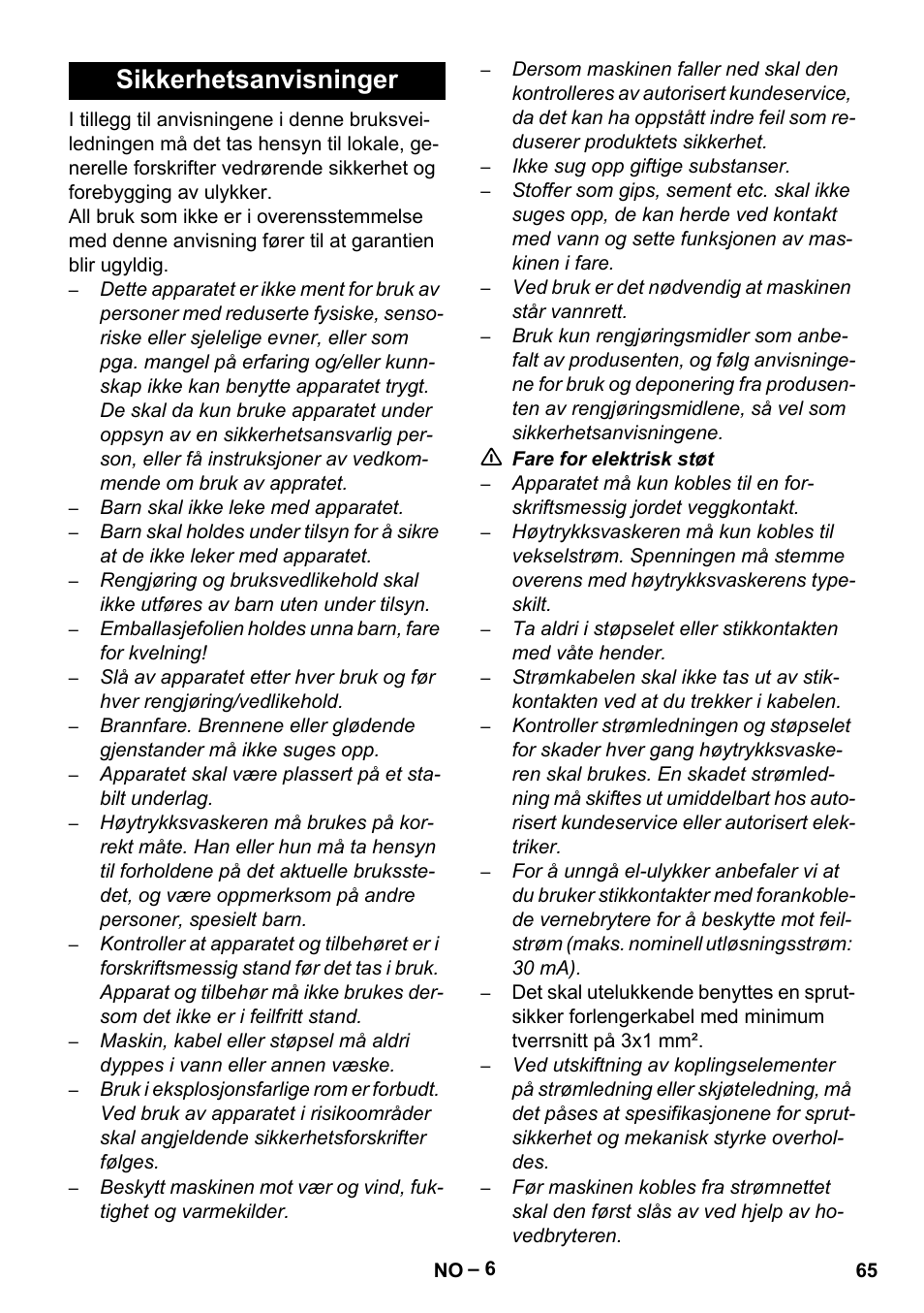 Sikkerhetsanvisninger | Karcher SE 4001 User Manual | Page 65 / 222