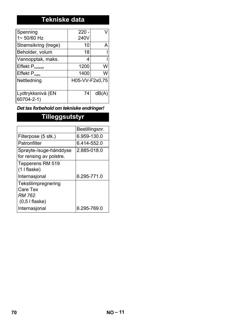 Tekniske data, Tilleggsutstyr | Karcher SE 4001 User Manual | Page 70 / 222