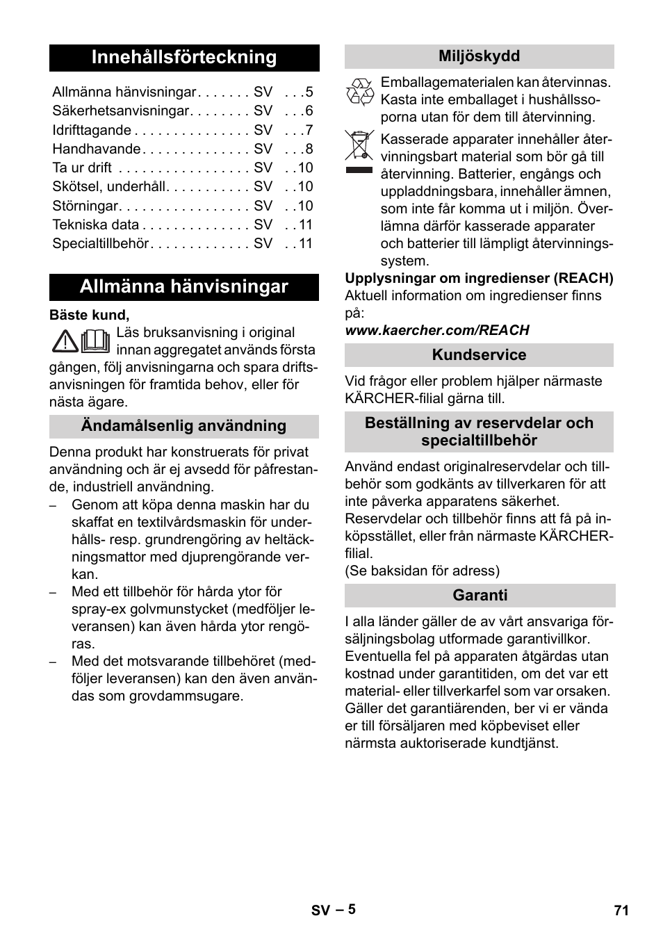 Svenska, Innehållsförteckning, Allmänna hänvisningar | Karcher SE 4001 User Manual | Page 71 / 222