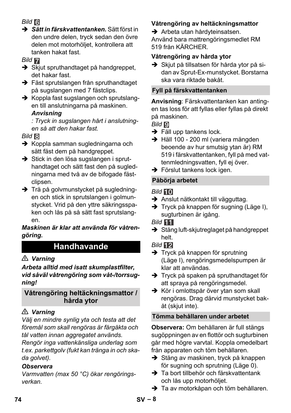 Handhavande | Karcher SE 4001 User Manual | Page 74 / 222