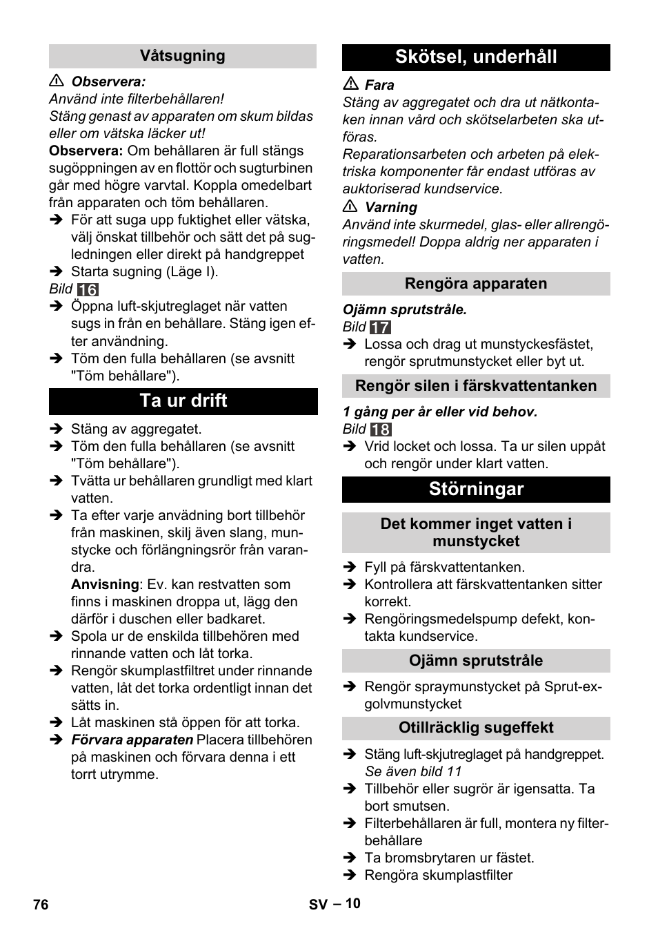 Ta ur drift skötsel, underhåll, Störningar | Karcher SE 4001 User Manual | Page 76 / 222