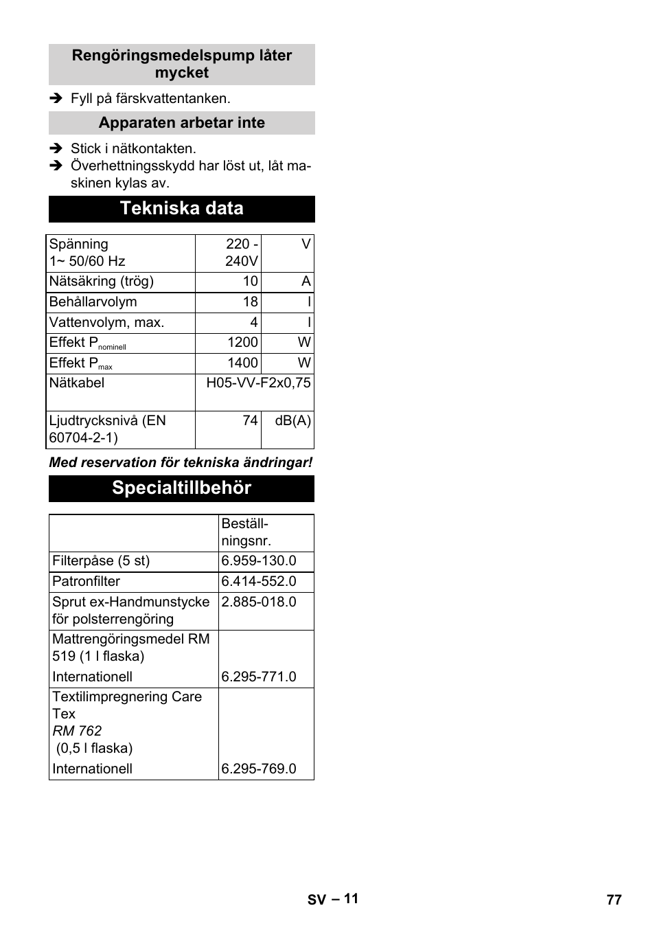 Tekniska data, Specialtillbehör | Karcher SE 4001 User Manual | Page 77 / 222