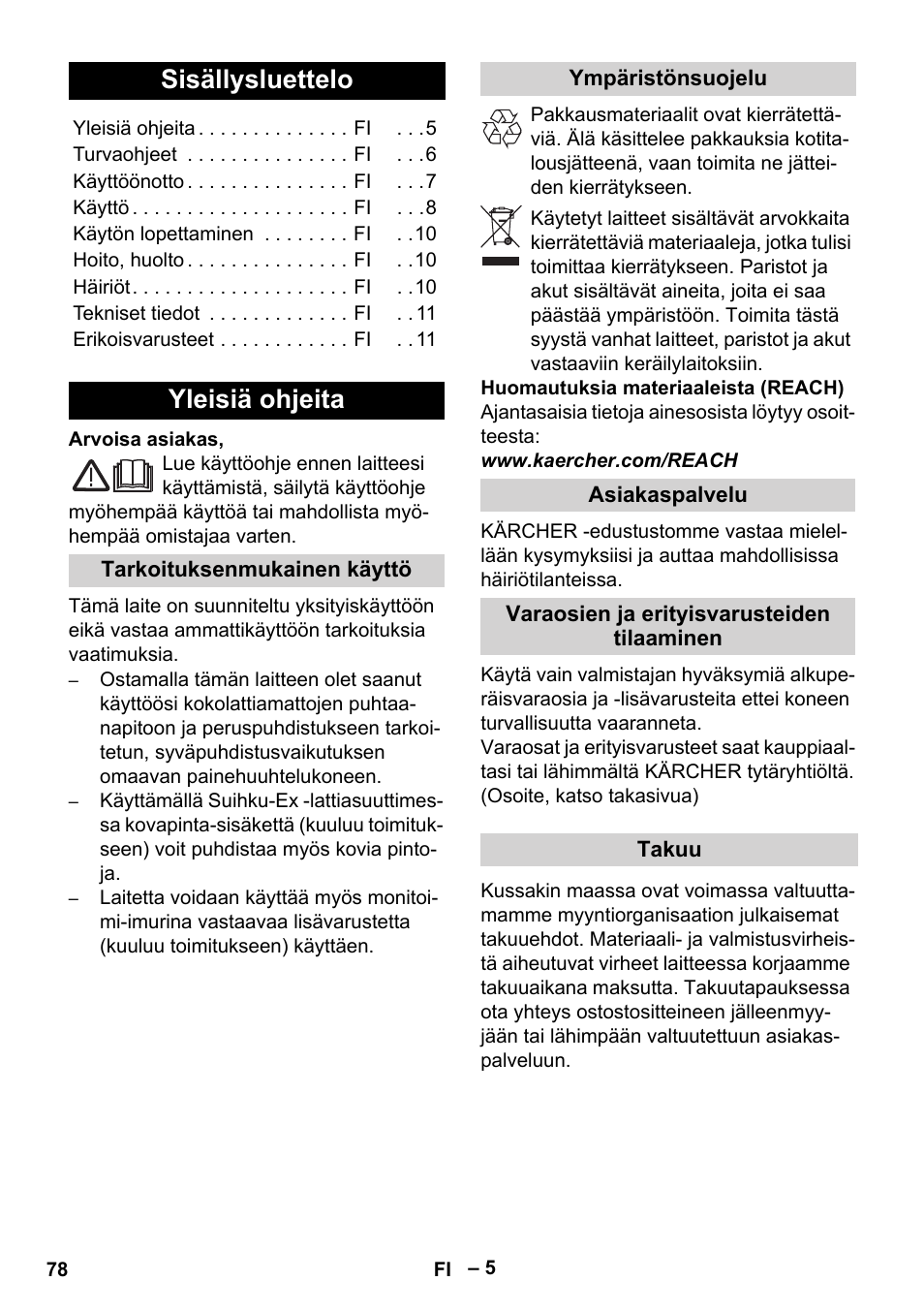 Suomi, Sisällysluettelo, Yleisiä ohjeita | Karcher SE 4001 User Manual | Page 78 / 222