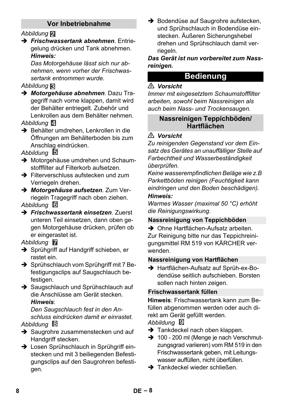 Bedienung | Karcher SE 4001 User Manual | Page 8 / 222