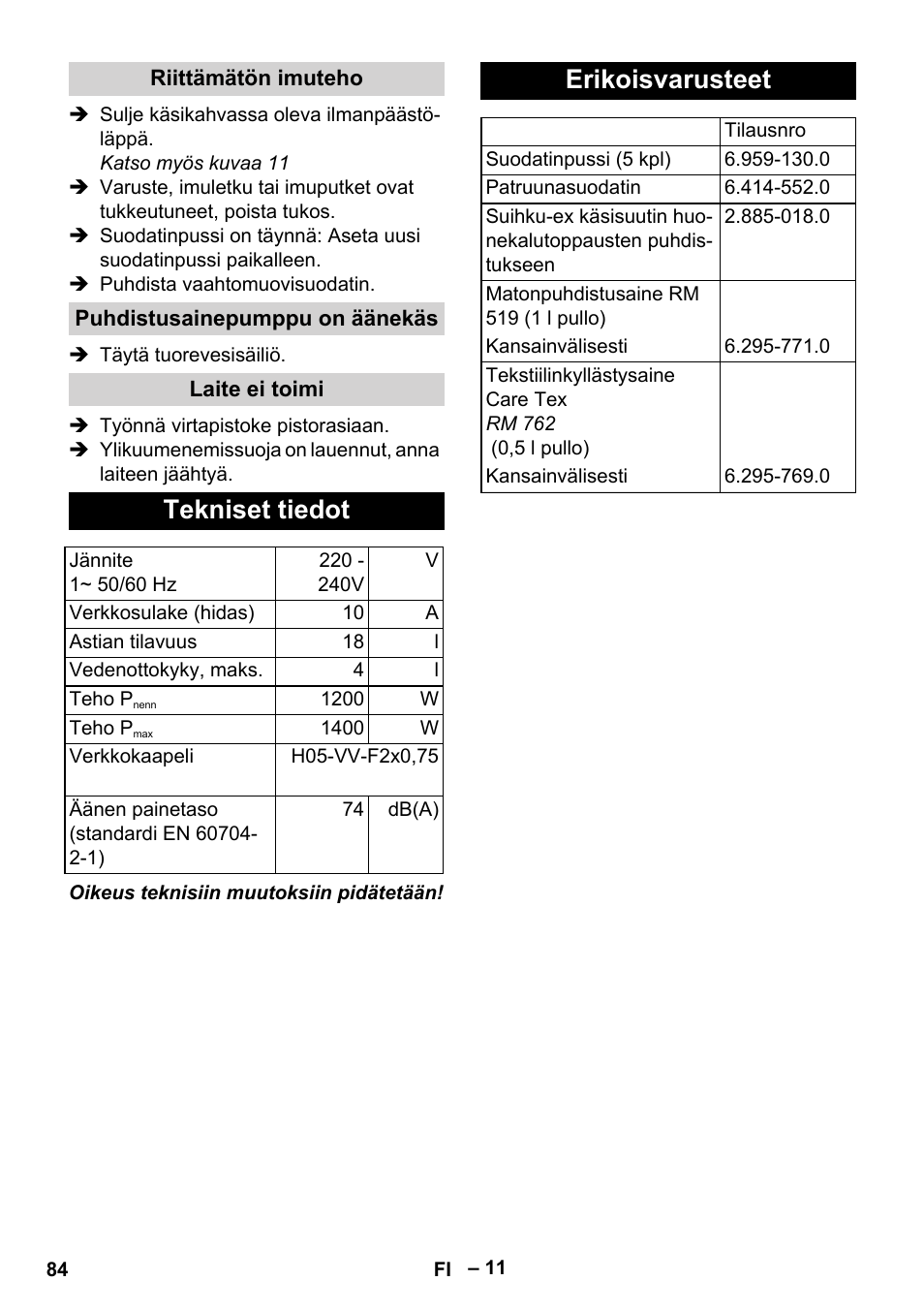 Tekniset tiedot, Erikoisvarusteet | Karcher SE 4001 User Manual | Page 84 / 222