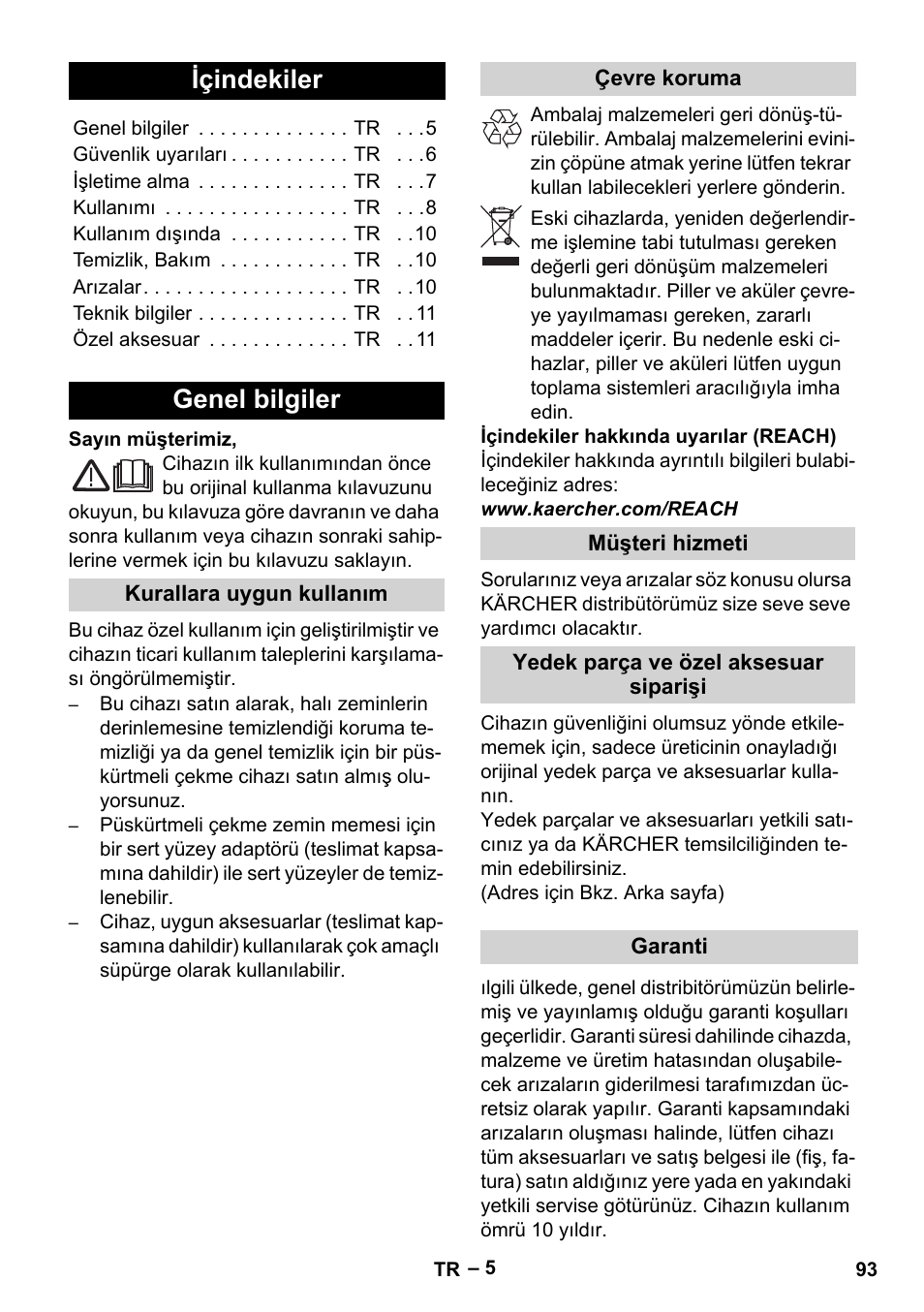 Türkçe, Içindekiler, Genel bilgiler | Karcher SE 4001 User Manual | Page 93 / 222