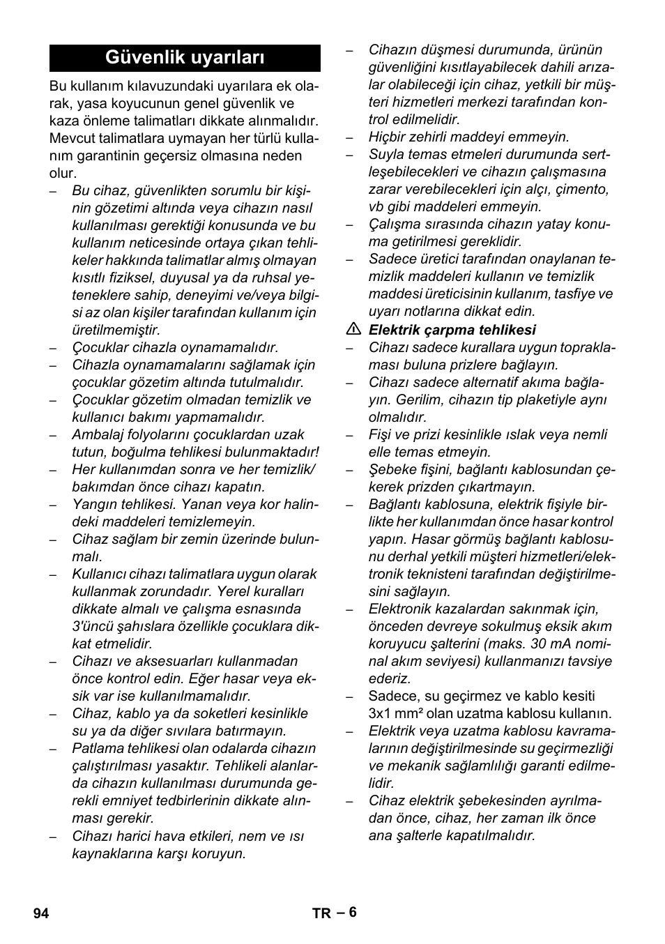 Güvenlik uyarıları | Karcher SE 4001 User Manual | Page 94 / 222