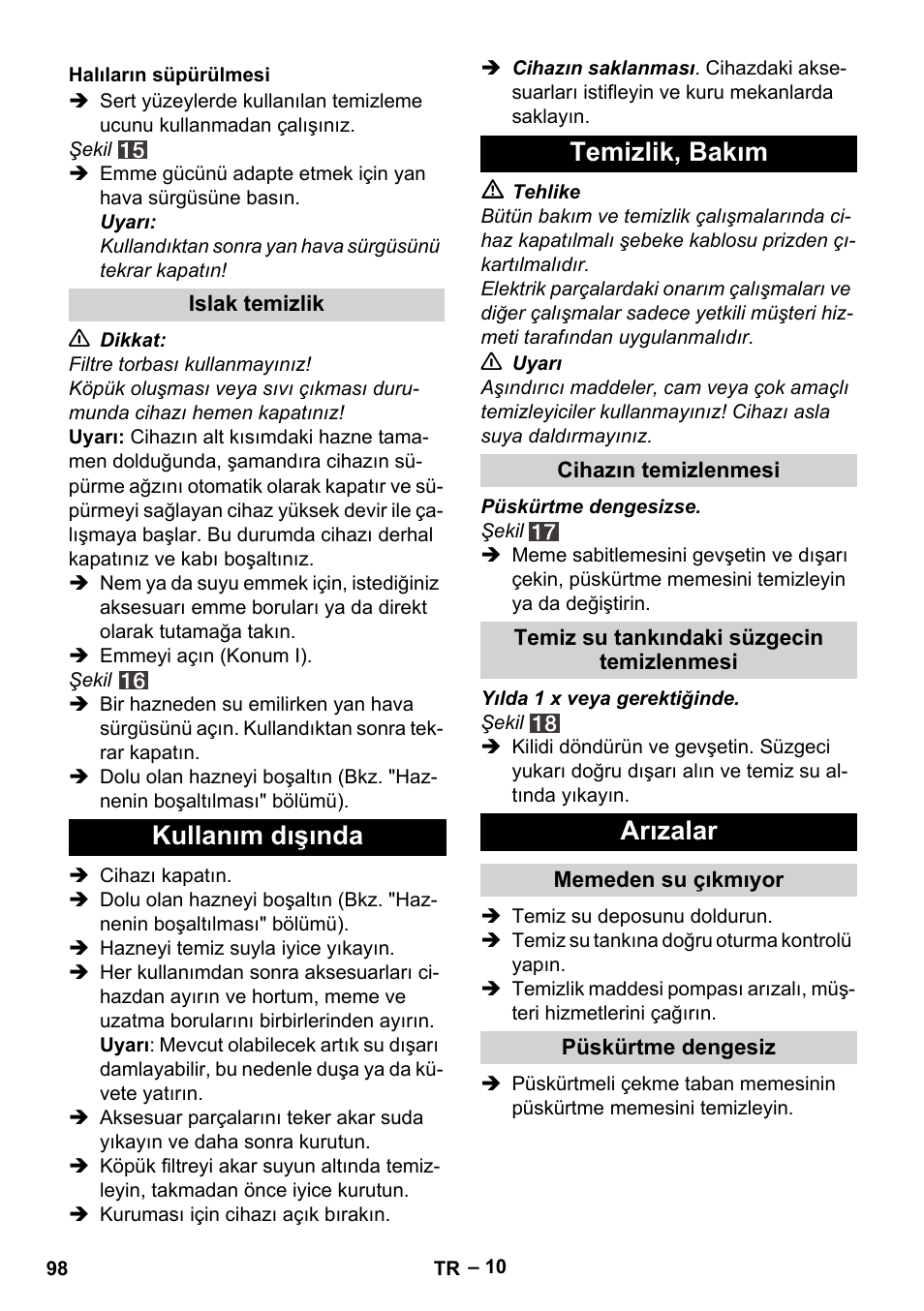 Kullanım dışında temizlik, bakım, Arızalar | Karcher SE 4001 User Manual | Page 98 / 222