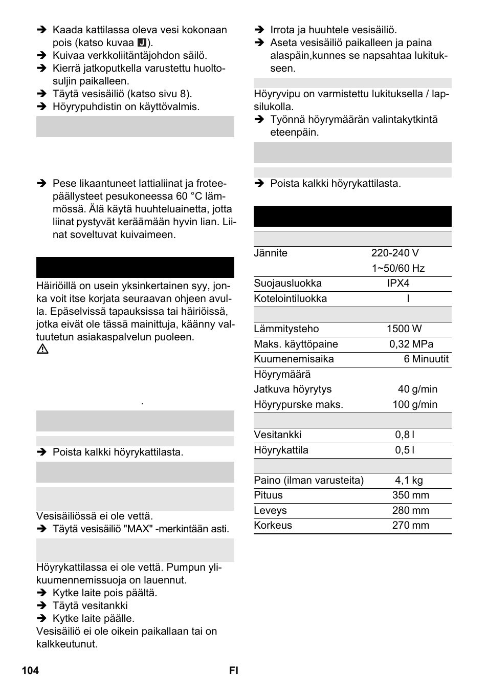 Häiriöapu, Tekniset tiedot | Karcher SC 2-550 C EU User Manual | Page 104 / 266