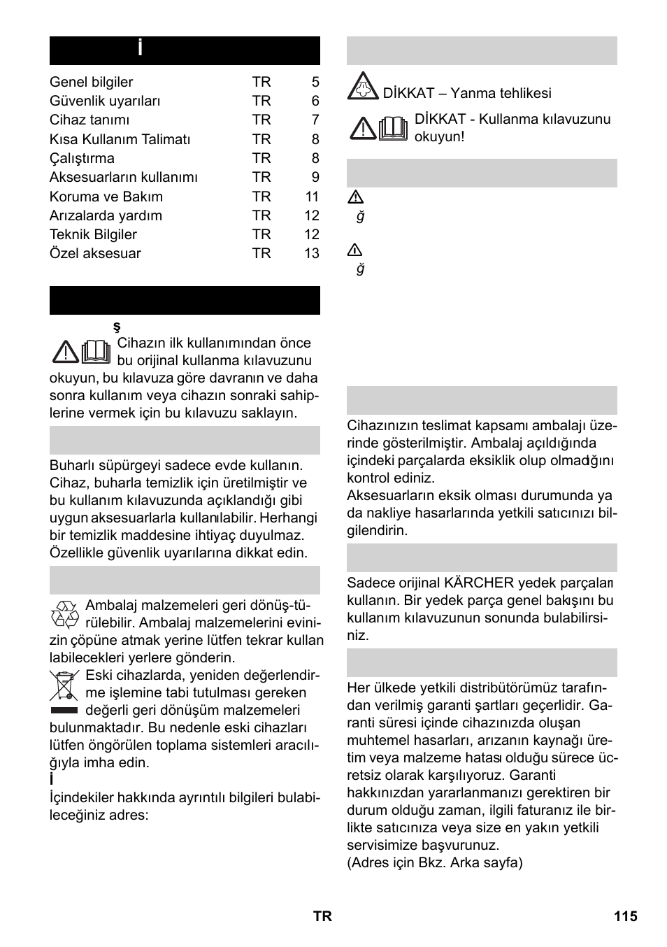 Türkçe, Içindekiler, Genel bilgiler | Karcher SC 2-550 C EU User Manual | Page 115 / 266