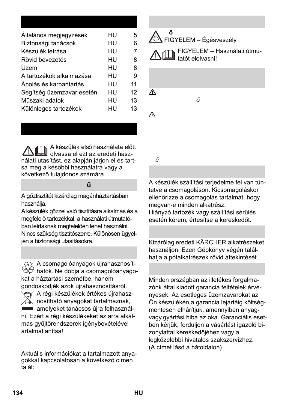 Magyar, Tartalom, Általános megjegyzések | Karcher SC 2-550 C EU User Manual | Page 134 / 266