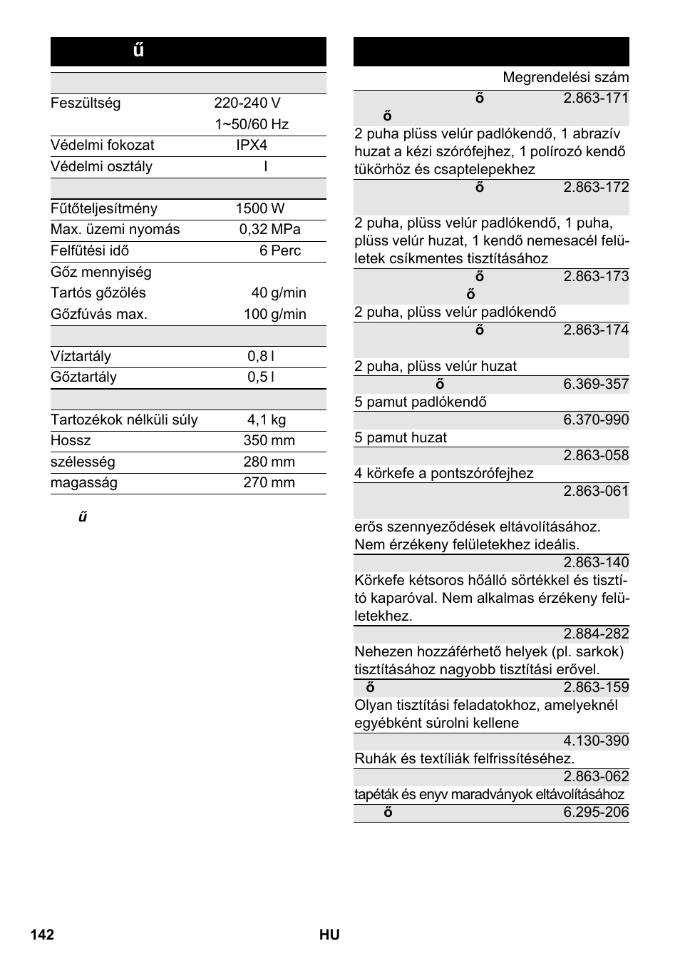 Műszaki adatok, Különleges tartozékok | Karcher SC 2-550 C EU User Manual | Page 142 / 266