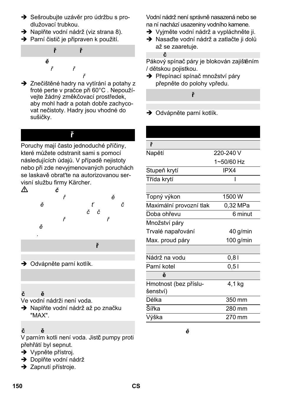 Pomoc při poruchách, Technické údaje | Karcher SC 2-550 C EU User Manual | Page 150 / 266