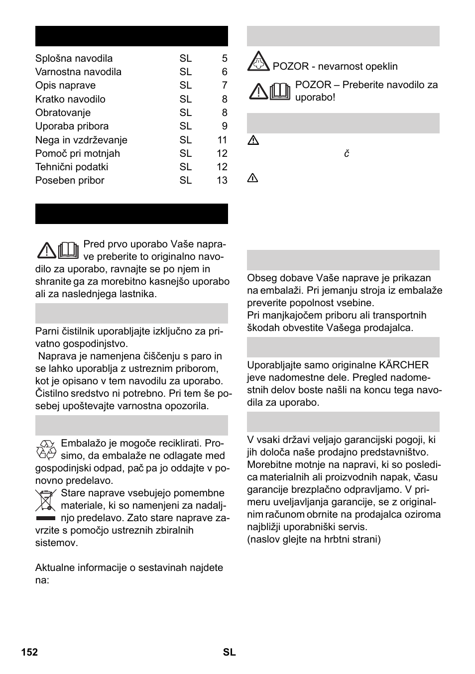 Slovenščina, Slovenšina, Kazalo | Splošna navodila | Karcher SC 2-550 C EU User Manual | Page 152 / 266