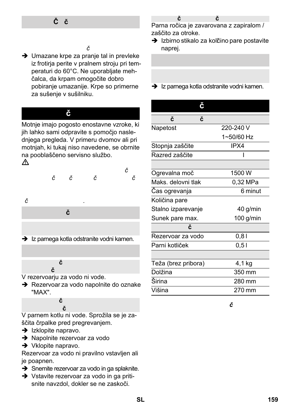 Pomoč pri motnjah, Tehnični podatki | Karcher SC 2-550 C EU User Manual | Page 159 / 266