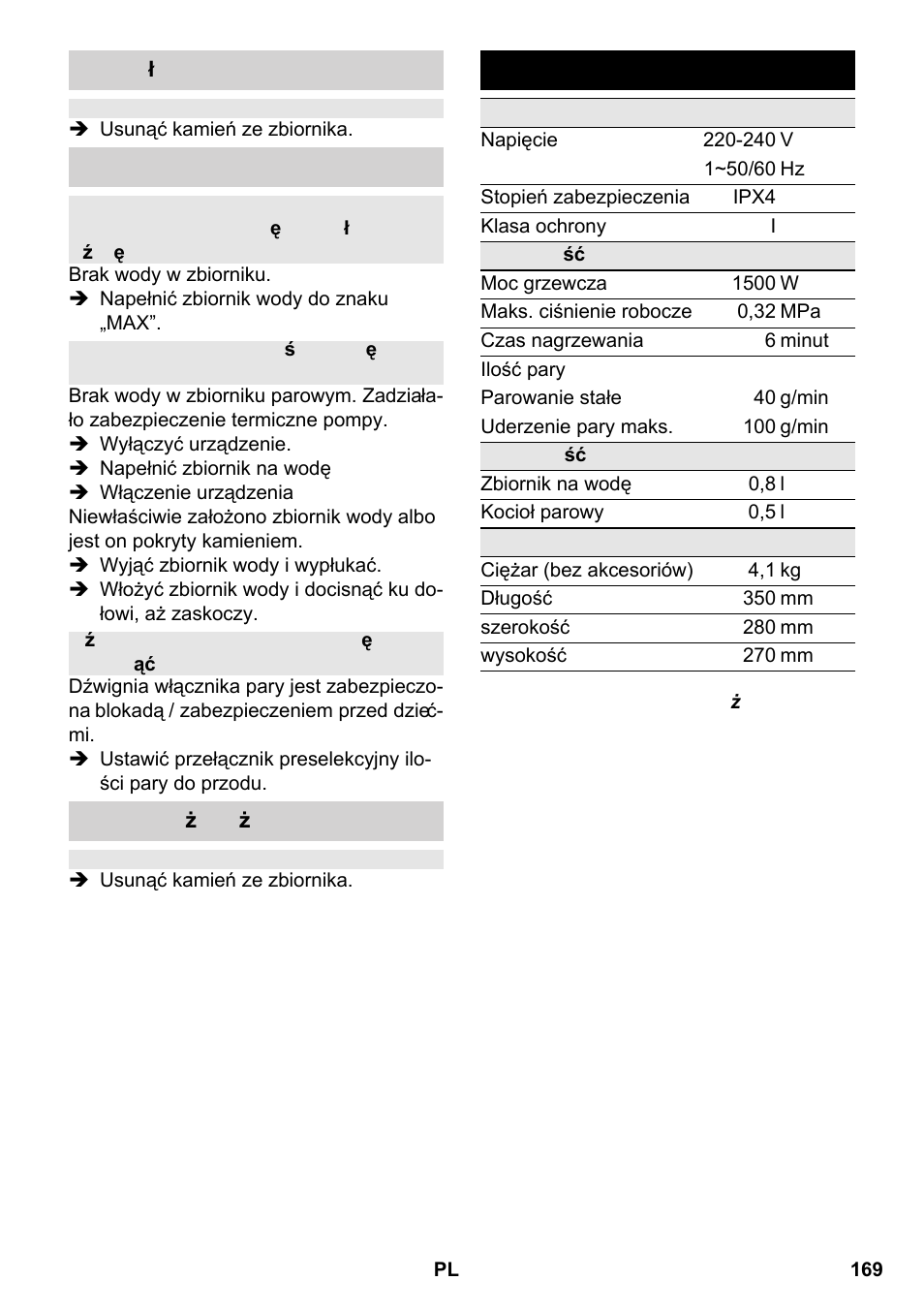 Dane techniczne | Karcher SC 2-550 C EU User Manual | Page 169 / 266