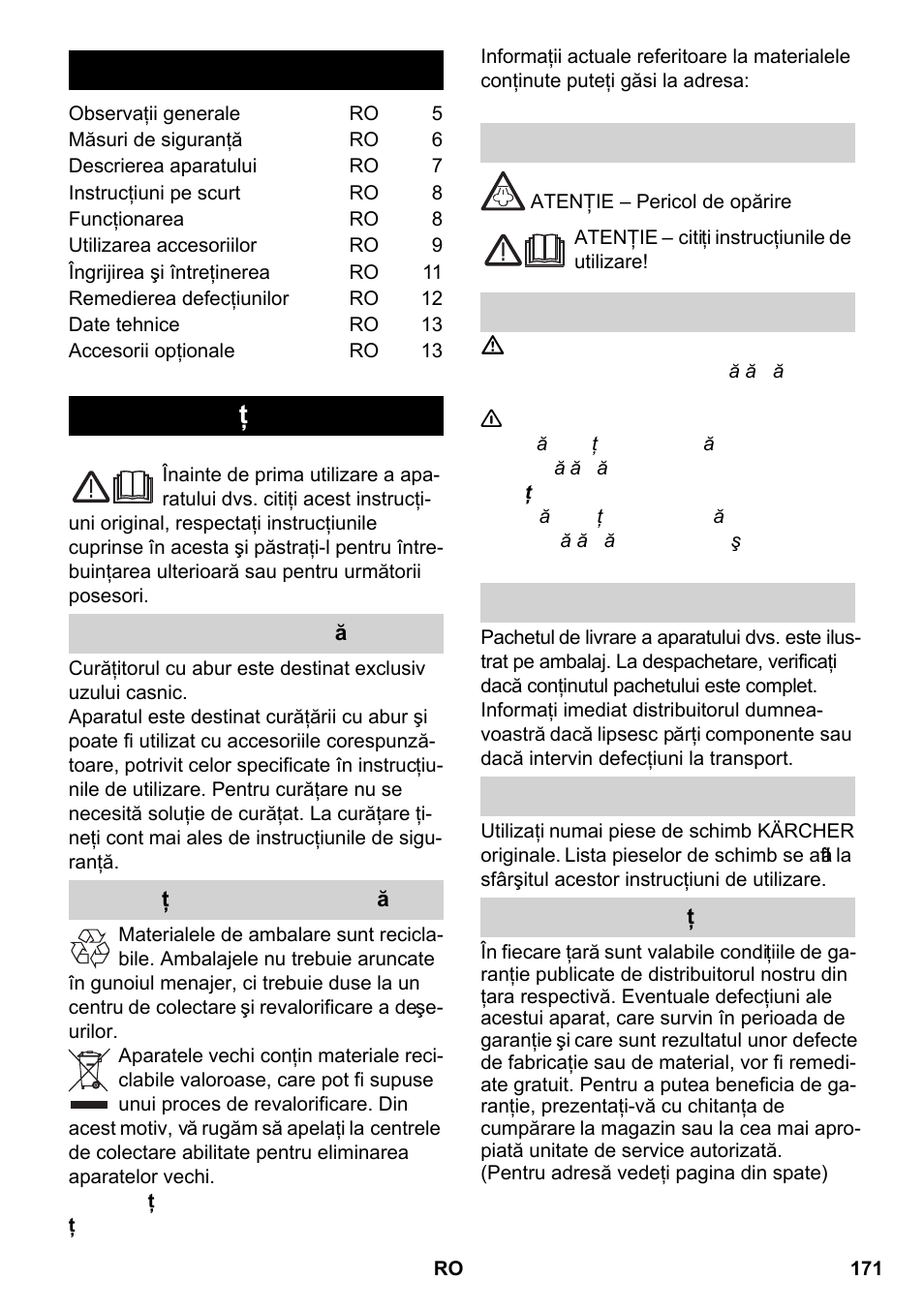 Româneşte, Românete, Cuprins | Observaţii generale | Karcher SC 2-550 C EU User Manual | Page 171 / 266