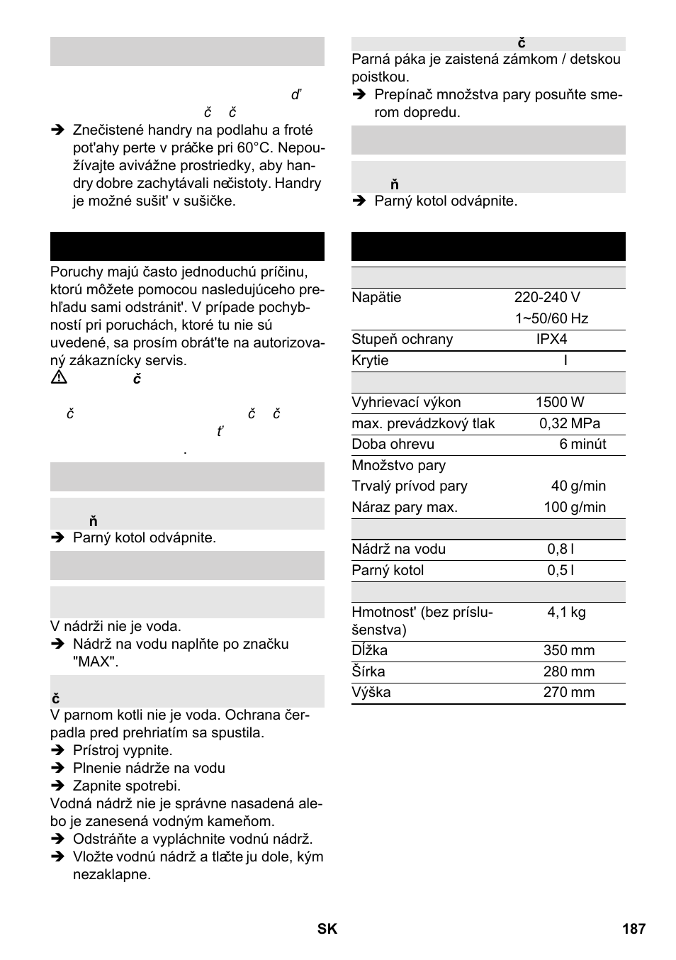 Pomoc pri poruchách, Technické údaje | Karcher SC 2-550 C EU User Manual | Page 187 / 266